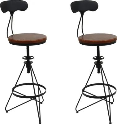 Two industrial-style bar stools with black metal frames and brown wooden seats are shown against a white background.