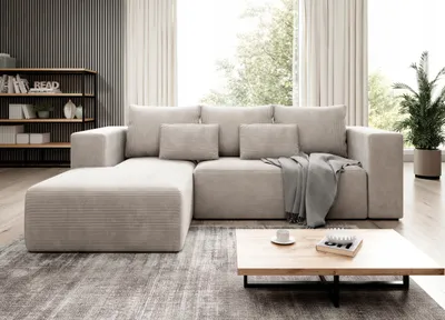 Produktbild von Easy4You Ecksofa Creme Stripes L Kord L-Form – 255x73x161 cm - Schlafsofa mit Bettkasten und Schlaffunktion - Eckcouch mit Stauraum – Stoff Kord POSO 100