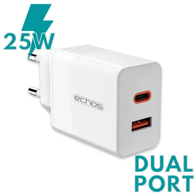 A white dual-port charger with orange USB-C and USB-A ports, with teal text and a lightning bolt graphic indicating 25W charging.