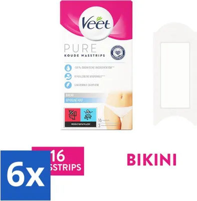 Produktbild von Veet Haarentfernungsstreifen für die Bikinizone, Pure Sensitive Skin, 16 Stück - Vorteilspack - 6 Stücke