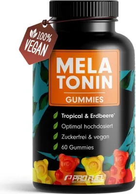 Produktbild von ProFuel Melatonin Gummibärchen | 60 Fruchtgummis | Frucht-Mix | mit 0,5 mg bioaktivem Melatonin | zuckerfrei | vegan