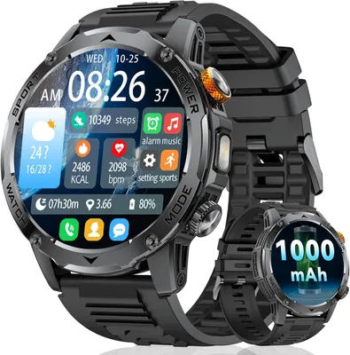 Smartwatch Herren Militär mit 1000mAh Akku, 1,75" HD Display, LED Taschenlampe, Bluetooth Anrufe, 130+ Sportmodi, Herzfrequenz,Schlafmonitor,IP68