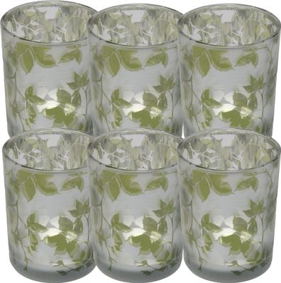 Deko Glas Ø 10 cm 6er Set Windlicht mit Blätter Motiv in Grün und Weiß