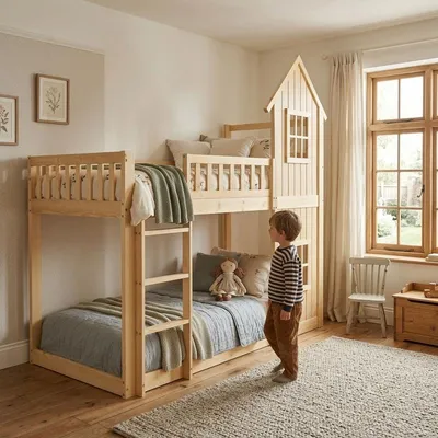 Produktbild von Etagenbett 90x200 cm Natur aus  Kiefer, MDF mit 3-Stufen-Treppe und Hausform für Kinderzimmer