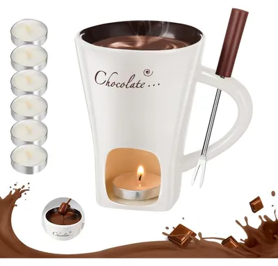 Obrázok produktu pre Sada keramických misiek na čokoládové fondue, vrátane vidličky a 6 sviečkami, biela farba