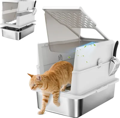 Image de PawHut Bac à litière pour chat fermé en acier inoxydable, maison de toilette pour chat avec pelle, couvercle ouvrable, porte, anti-fuite et nettoyage facile, 60,2 x 40,2 x 43,7 cm, gris clair