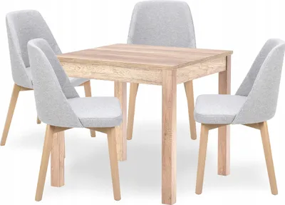 Produktbild von Esstisch mit 4 Stühlen - Quadratischer Tisch 80 x 80 cm - Aus Holz - 5-teiliges Set - Essgruppe - Sitzgruppe - Graue Stühle