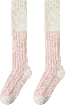 Produktbild von Flauschige Kniestrümpfe für Damen, flauschig, warm, farblich abgesetzt, dicke Winterstrümpfe, Beinwärmer für drinnen, zum Entspannen und Schlafen