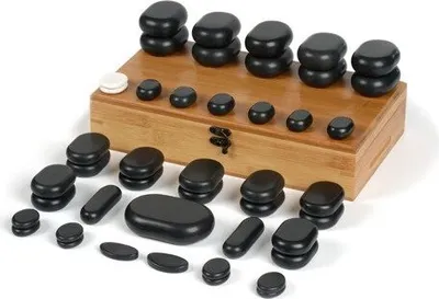 Obrázek produktu pro Sada masážních kamenů Habys Hot Stone 45 kusů, z čediče, s elegantní bambusovou krabičkou, pro wellness lázeňskou tepelnou léčbu a tepelnou terapii, terapeutické kameny
