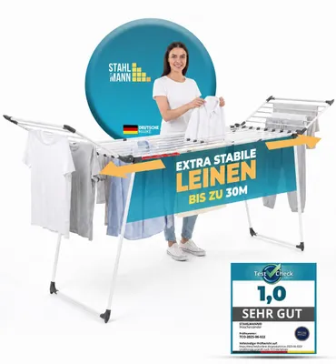 Produktbild von STAHLMANN® Wäscheständer ausziehbar XXL [30 m Trockenfläche] Flügelwäscheständer klappbar, Platz für 3 Waschmaschinenladungen, UV-beständig,  Europe, Weiß