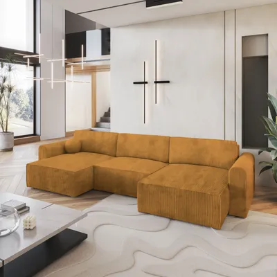 Produktbild von Masseno Ecksofa FENTO P mit Schlaffunktion U-Form, Sofa mit Bettkasten, Wohnzimmersofa, Couch, Soffa, Bettsofa, Couchgarnitur- Gelb, POSO 01