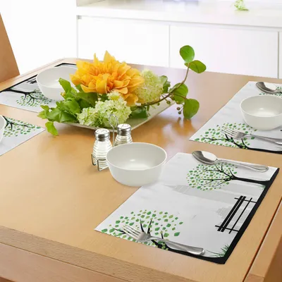 Produktbild von ABAKUHAUS Blatt Platzmatten, Minimalistische Stadtfiguren mit einfachen Linien und Blattmustern in Boho Design Print, Tiscjdeco aus Farbfesten Stoff für das Esszimmer und Küch, Schwarz Grün