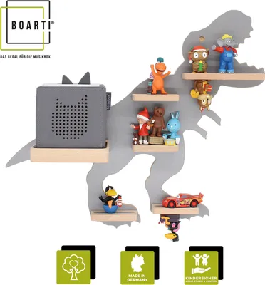 Produktbild von BOARTI Kinderregal Tier Dinosaurier | hängend für Toniebox und Tonie Figuren | Regal | H. 44 x B. 52 x T. 19 | Wandregal Musikbox und Figuren Aufbewahrung mit Magneteinsätzen | Aufbewahrungsregal Holz Dino