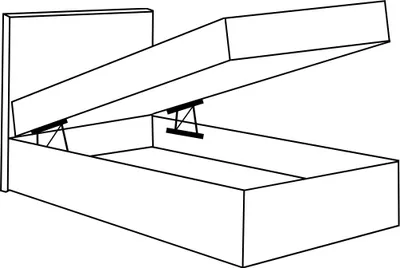A line drawing of an open bed frame with storage.