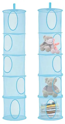 Image de Panier de rangement suspendu, organiseur suspendu pliable en 2 parties, étagère suspendue à 5 compartiments, sac de rangement en filet, panier de rangement pour peluches pour chambre d'enfant ou balcon (bleu)