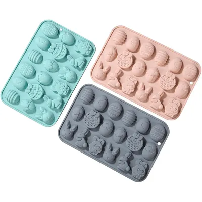 Produktbild von Silikon Schokoladenform Ostern 3 Stück - Ostereier & Hase Backform mit Korbmotiv, 18 Hohlräume
