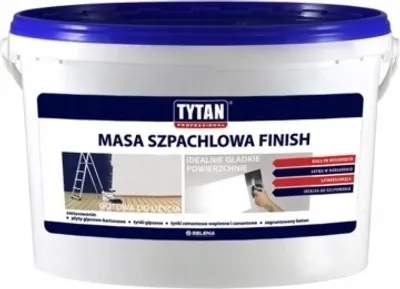 A white bucket of finishing compound with a blue lid and a label featuring product information and images.