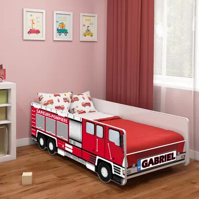 Image de ACMA lit d'enfant lit de voiture lit de pompier junior set complet avec matelas sommier et protection antichute 140x70 + NOME