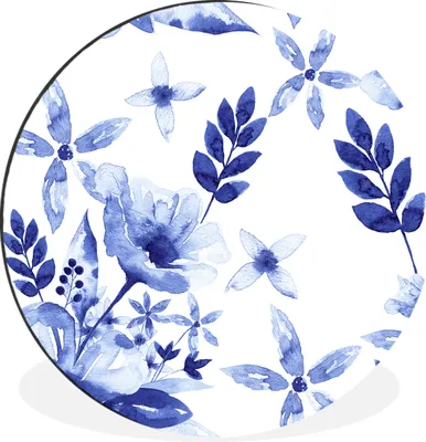 Produktbild von MuchoWow® Aluminium Wandkreis Aquarell - Blumen - Blau Ø 30 cm Wanddeko Modern Wohnzimmer - Wand Bild - Wohnzimmer - Runde Bilder - Alubilder - Kunst für zu Hause - Aluminium - Wanddekoration