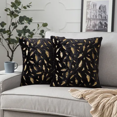 Produktbild von 2er Set Plüsch Kissenbezug 45 x 45 cm Gold Feder Dekokissen Kissenhülle für Couch Sofa Home Bett Deko, Schwarz