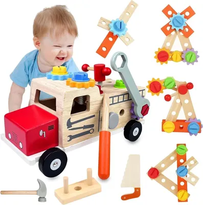 Obrázok produktu pre Drevený pracovný stôl 2 roky, s debnou na náradie, montessori hračka