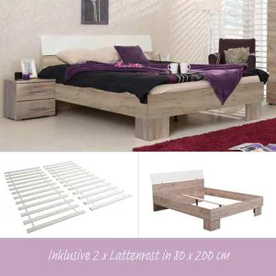 Produktbild von Homestyle4u Holzbett 160x200 cm Doppelbett mit Lattenrost Grau Eiche Weiß