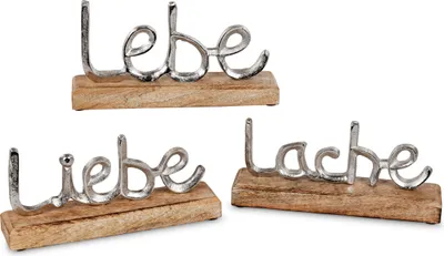 Produktbild von 3er Set Dekoobjekt Schriftzug Lebe, Liebe + Lache Alu + Mango Holz Formano WA