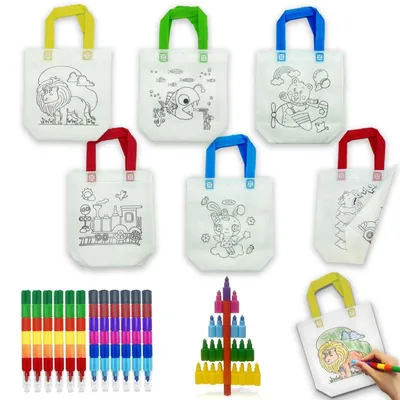 Productafbeelding van Stoffzakken om te beschilderen, voor kinderen, 6 stuks, met 12 waxstiften (12 kleuren)
