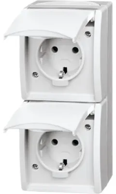 Imagen del producto de BJ APWG, toma de corriente para aplicaciones marinas, tipo Schuko, 20-02EW-54, doble, color blanco alpino, montaje vertical