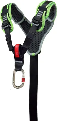 Klettergurt "Thor Top Accessories" von Ocun mit grünem und schwarzem Design; ausgestattet mit einem Karabiner.
