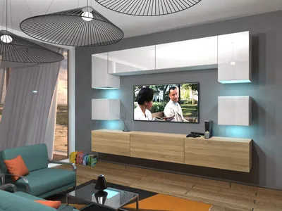 Obrázek produktu pro Furnitech Obývací stěna - Nábytek do obývacího pokoje s LED modrá - Závěsná skříňka Moderní - Obývací stěna(Nowara AN1-17WS-HGM38 1B)
