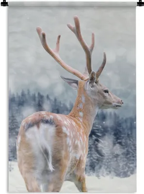 Produktbild von MuchoWow® Wandteppich Wandbehang Winter - Hirsche - Tiere 90x135 cm Tapisserie Dekoration Wandtuch - Baumwolle - Wandskulptur