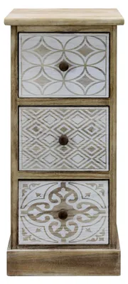Produktbild von Kommode mit 3 Schubladen, schmaler Nachttisch im Shabby-Stil, beige-weißes Holz, für den Eingangsbereich - Maße: 63 x 29 x 25 cm (HxLxB)
