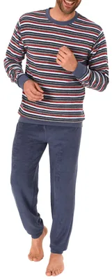 Produktbild von Herren Frottee Pyjama mit Bündchen Schlafanzug in lässiger Streifenoptik - 291 101 13 845 ; blau , 50