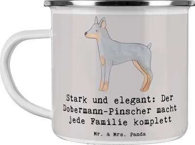 Produktbild von Mr. & Mrs. Panda Emaille Tasse Dobermann Pinscher - Grau Pastell - Geschenk, Haferl, Pott, Hunderassen Pflege, Charakter, Anmut und Stärke, Beschreibung, Hundetraining
