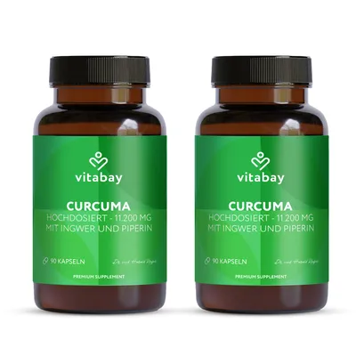 Produktbild von Vitabay Kurkuma Kapseln hochdosiert – 180 vegane Tabletten mit 500 mg Curcuma & Piperin – 2er Pack - Kurkumin Extrakt – 1 Kapsel täglich