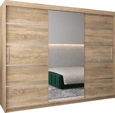 A bedroom scene reflected in a mirrored wardrobe.