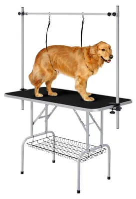 Produktbild von Höhenverstellbarer Trimmtisch für große Hunde, Schertisch mit 2 Halterungen, Badezubehör für Hunde, klappbarer Hundepflegetisch - 118 x 60 x 177 cm (L x B x H) - Kratzfest, max. Tragfähigkeit 120 kg