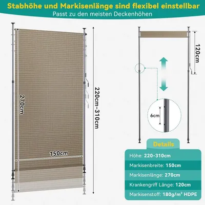 Produktbild von Senkrechtmarkise außen - Balkon Sichtschutz Rollo - HDPE Sonnenschutz - Klemmmarkise ohne Bohren - 150x270 cm - Kaffeebraun
