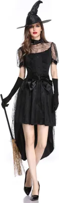 Obrázek produktu pro Kobaltově modré čarodějnické šaty, halloweenský kostým, čarodějnický klobouk, elegantní cosplay kostým - XL