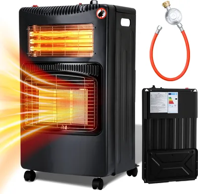 Zdjęcie produktu dla Ogrzewacz gazowy Peviasot, czarny, 4200 W + elektryczny 1200 W, 3 stopnie mocy, podczerwieni, zabezpieczenie przed przewróceniem, mobilny, z regulatorem i wężem