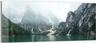 Produktbild von DEQORI Glasbild Echtglas 125x50 cm 'Bergsee und Bootsteg' Wandbild Bild modern Deko