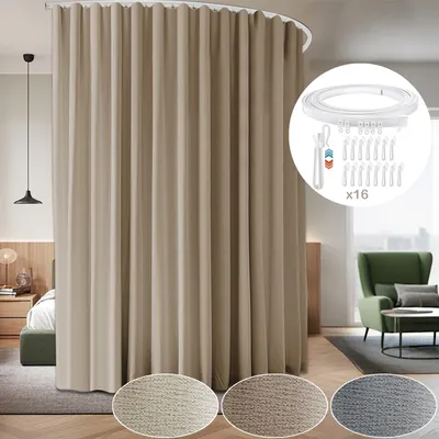 A room divider curtain and its accessories are shown, with samples of different fabric textures at the bottom.
