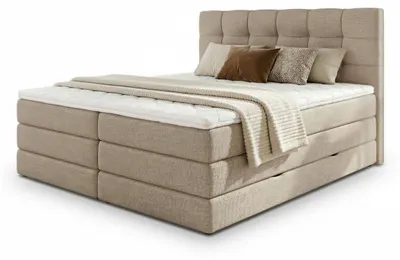 Produktbild von Boxspringbett Best XL mit 2 Bettkästen und Topper, mit Taschenfederkern- und Bonellfederkernmatratze, Doppelbett, Polsterbett aus Webstoff mit Stauraum (Beige (Inari 22), 180 x 200 cm)