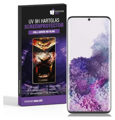 A product packaging box for a screen protector is shown next to a smartphone with a screen protector applied.