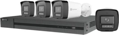 A set of security cameras and a network video recorder.