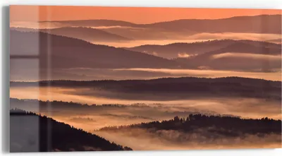 Produktbild von DEQORI Glasbild Echtglas 60x30 cm 'Nebelberge im Morgenrot' Wandbild Bild modern Deko