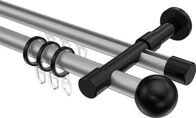 Produktbild von Interdeco Rundrohr-Innenlaufstange / Gardinenstange (Kombination) Silbergrau / Schwarz, Typ Prestige Luino (Kugel), 20 mm Ø 2-läufig, 200 cm