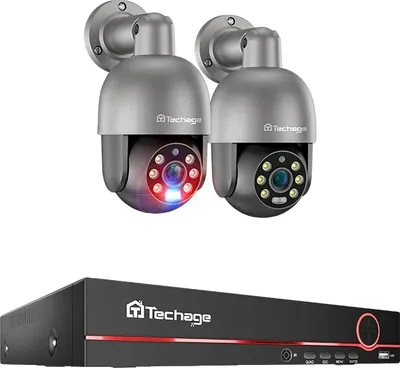Imagen del producto de Sistema de monitoreo Techage de 8 canales, con cámaras de alta resolución de 8MP, detección de personas mediante inteligencia artificial, 8 canales NVR, 2 cámaras de 8MP, 1t