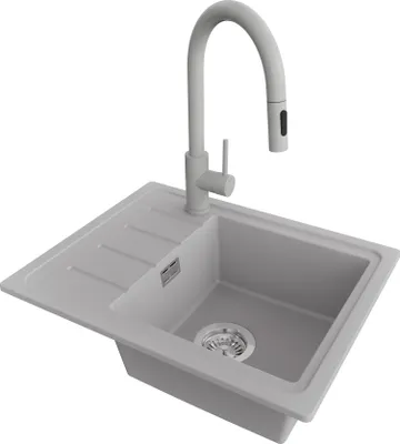 Produktbild von PRIMAGRAN Granitspüle Grau 55x44cm, Spülbecken 1 Becken + Küchenarmatur 40x20cm + Ablauf-Set, Küchenspüle ab 45er Unterschrank - Kopenhagen Easy